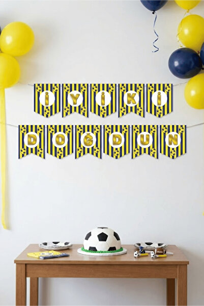 Bunloon Football Themed Happy Birthday Yellow Navy Blue Zigzag Banner Decorat...