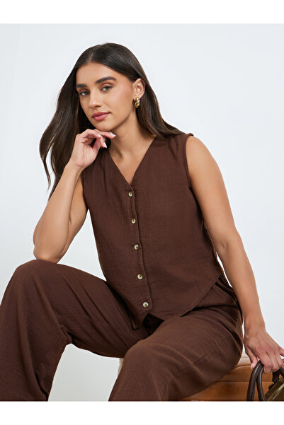 Styli Women Brown Button Down Sleeveless Waistcoat