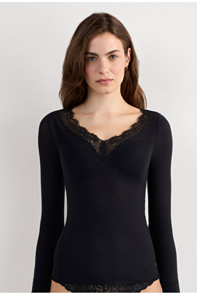 Somut istanbul Lace Ultra Modal Cashmere Blend V-Neck Blouse - Black