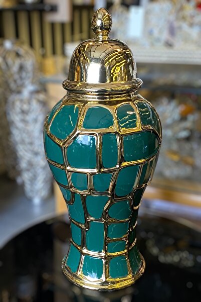 LEMİ DEKORASYON Gold Kapaklı Seramik Ağ File Yeşil Şah Küp Vazo 42 Cm