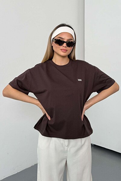 GİYSA Women's 100% Cotton T-Shirt with Tag Accessories Brown - 26Y 26520