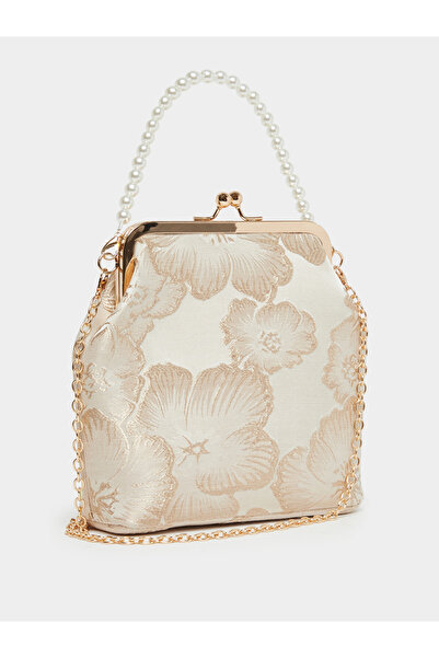 Styli Gold Floral Handbag with Pearl Handle
