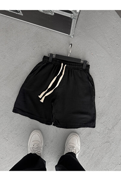 BYBASICMAN Pantaloni scurți de bază din țesătură muselină neagră KE-7002