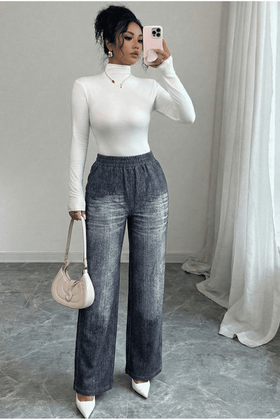 Avones Women's Anthracite Denim Patterned Wide-Leg Elastic Waist 2-Thread Com...