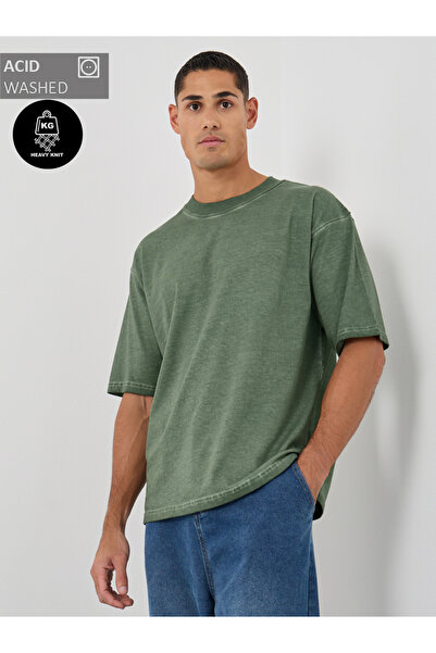 Styli Green Mock Neck Washed Heavy Jersey T-Shirt