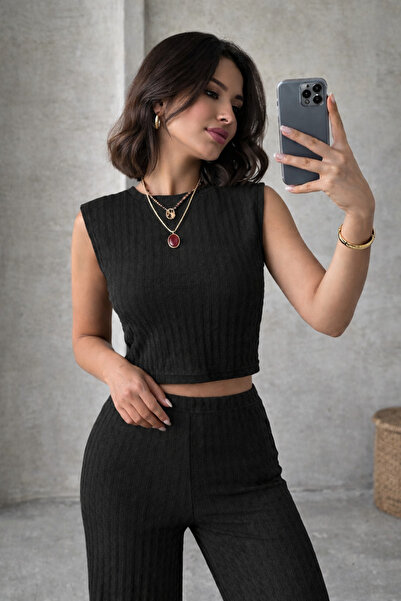 ÇEÇİM Women's Ribbed Crop Double Set Nsa-58086
