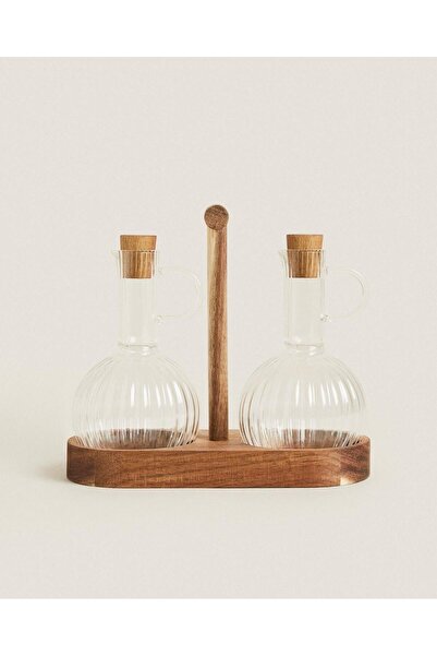 Gaia Concept Ahşap Standlı Yağdanlık Seti 3 Parça 2x300 ML Borosilikat Cam Mo...