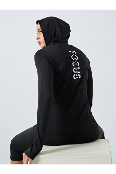 Styli Back Text Print Half Zip Up Hooded Top