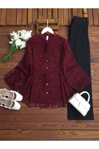 ŞAHİN TESETTÜR GİYİM YAKA BAĞLAMALI FLOK BASKILI ASTARLI TÜL GÖMLEK TUNİK 5688