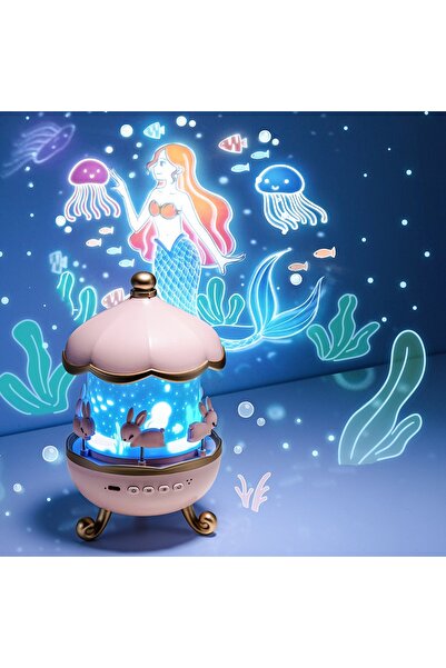 Coverzone Bunnys Carousel Projeksiyonlu Müzikli Gece Lambası USB Tavşanlı Çoc...