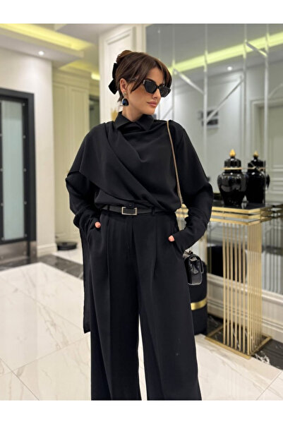 DRESSIFY WOMEN’S FASHION Women's Black Shawl Detailed Design Shirt and Pants ...