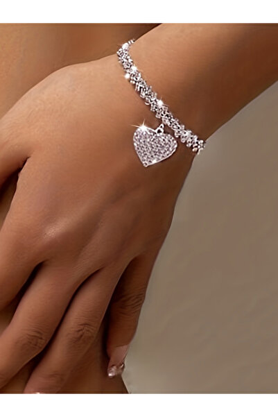 Take Two By Styli Women Sparkling Silver Heart Charm Bracelet