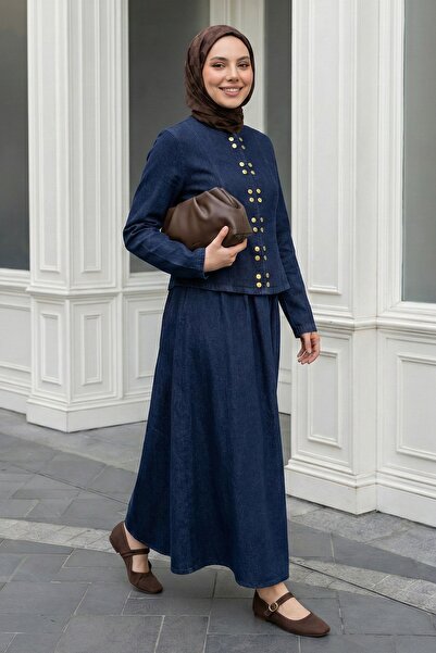 InStyle Dark Blue Denim Suit with Gold Studs Skirt