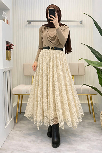 Nursay Flocked Lace Long Skirt