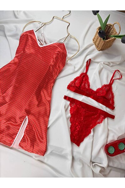 ROZENİN LINGERIE Satin Dress Nightgown Underwire-Free Lingerie Set 3-Piece Set