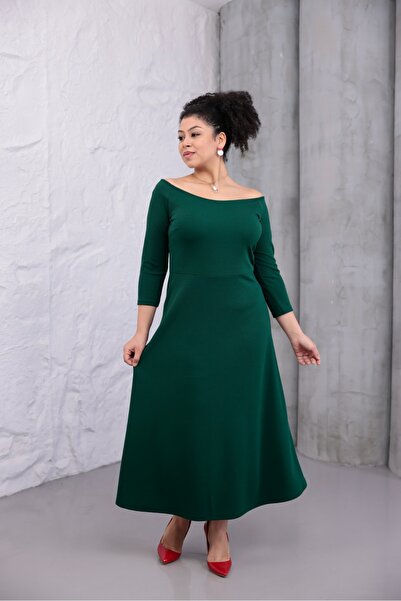 Atlantic Green Kadın Yeşil Kayık Yaka Truvakar Kol Esnek Krep Büyük Beden Elbise