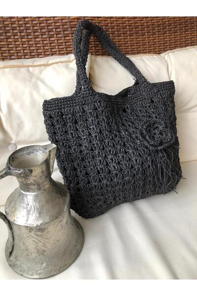 ByTUNCA El Örgüsü Siyah Kağıt İp Omuz Çantası – Günlük, Plaj ve Alışveriş İçi...