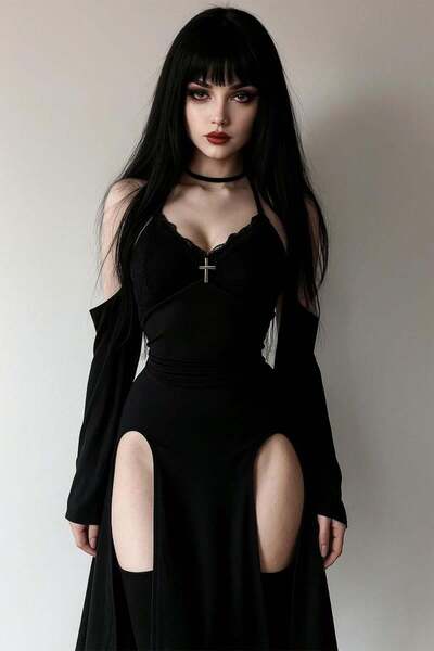 harmony factory Black Gothic Double Slit Strap Dress with Attached Sleeves Wo...