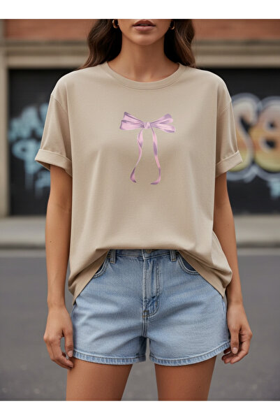 ship master Women's Bowknot Printed 100% Cotton Oversize Beige T-Shirt