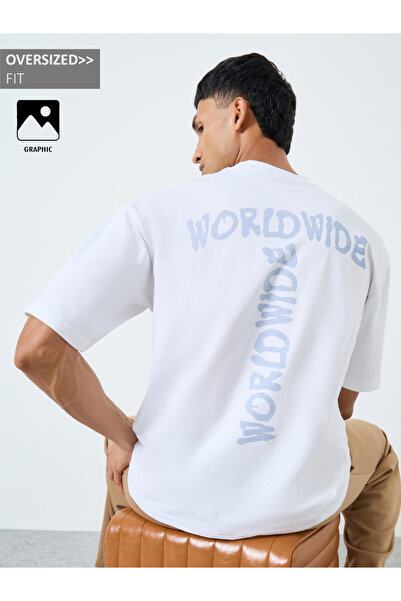 Styli Men White Oversized T-Shirt with Worldwide Print