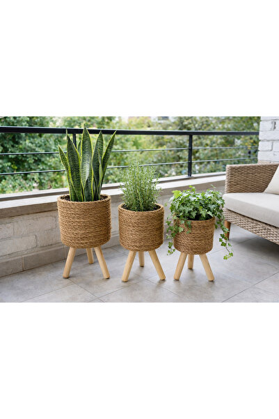 ADA Ahşap oyma ve çerçevecilik Ayaklı Hasır Saksı 3lü Set