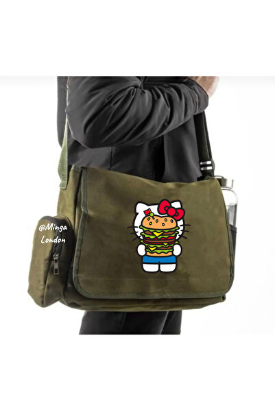 Minga London Khaki Hamburger Printed Messenger Bag -Mingalondon