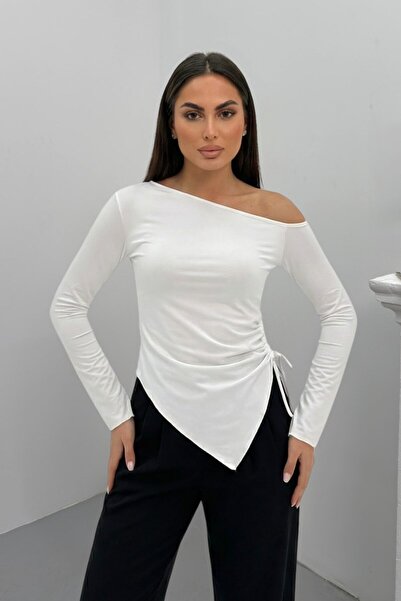 spirituel Women's Blouse One Shoulder Open Asymmetrical Side Gathered Long Sl...