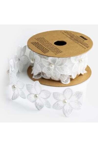 Jumbo Panglică albă cu margarete și mărgele 1 m x 35 mm