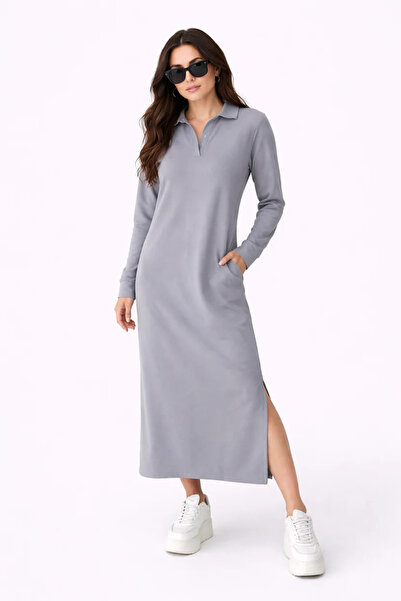 Paw Garage Women's Penny Long Sleeve Polo Collar Dress with Slit and Pocket D...