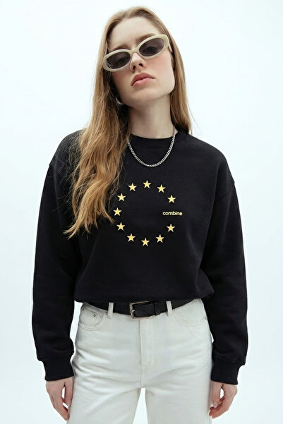 COMBİNE MİCHAİL Women's Star Europe Printed Black Sweatshirt