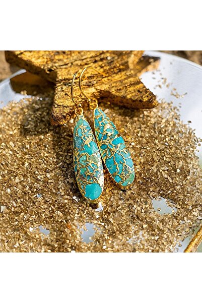 Ezera Turquoise Dangle Earrings, Raw Stone, 18K Gold Plated