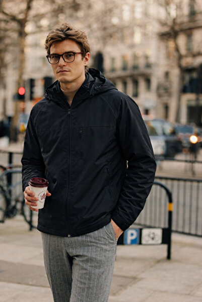 DAMGA JEANS Men's Trend Hooded Loose Black Raincoat with Pockets