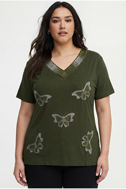 Ebsumu Women's Plus Size Butterfly Stone Printed Khaki Blouse