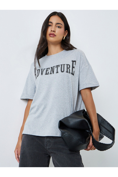 Styli Grey Slogan Print Oversized T-Shirt
