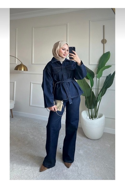 Bahar Altundemir Women's Snap-Buckle Belted Jacket and Pants Denim Set