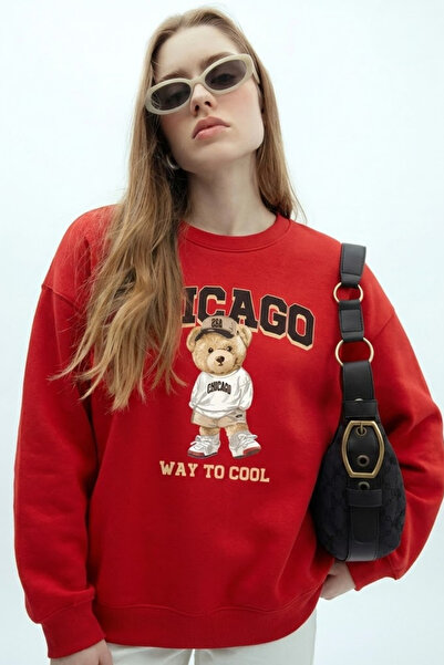 COMBİNE MİCHAİL Women's Chicago Print Red Loose Sweatshirt