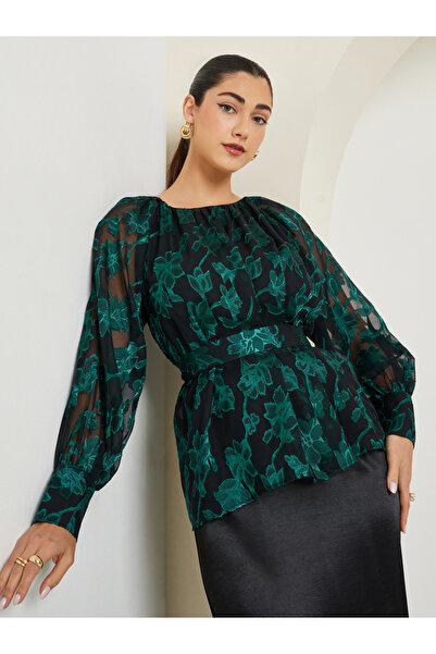 Styli Green Jacquard Floral Long Sleeve Top