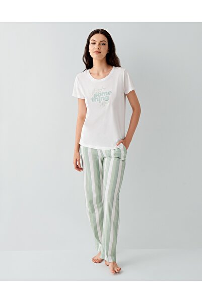 Arnetta Women's 100% Cotton Short Sleeve White/Light Green Pajamas Set