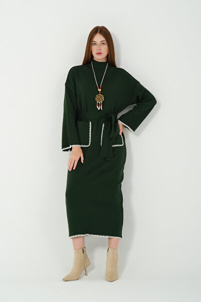 Hatun Atila Hatunatila Crochet Tricot Dress with Belt and Necklace 5106 Emera...