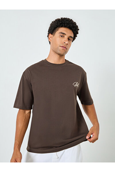 Styli Men Brown Oversized Embroidered T-Shirt