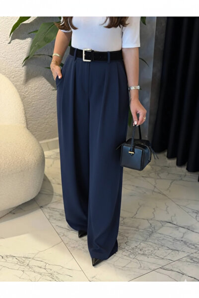 solena sln Women's Navy Blue Belted High Waist Premium Palazzo Trousers