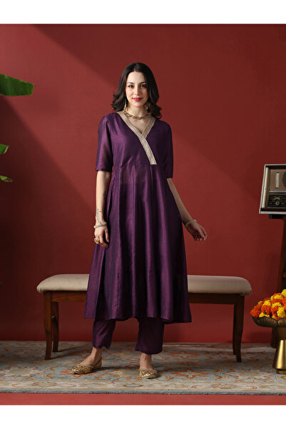 Globus By Styli Lace Detail Anarkali Kurta and Straight Pants Festive Set