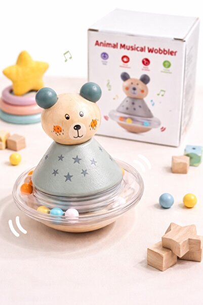 OEM Jucărie bebeluși din lemn – Zornăitoare muzicală Ursuleț Wobbler, 6+ luni