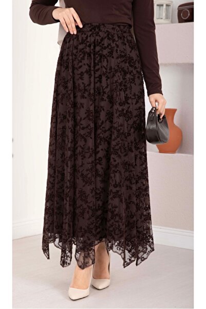 Nursay Brown Flock Lace Skirt