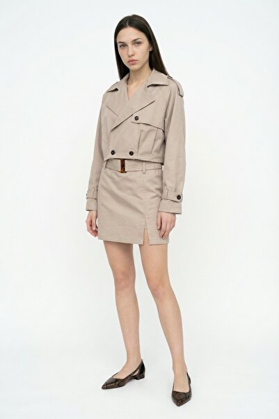 Quzu Belted Front Slit Mini Short Skirt Beige