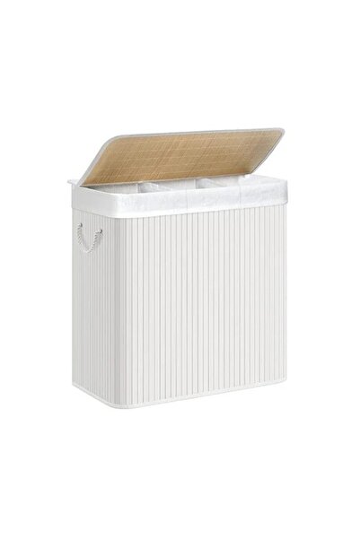 SONGMICS laundry basket, bamboo/metal, white, 60 x 40 x 61.5 cm