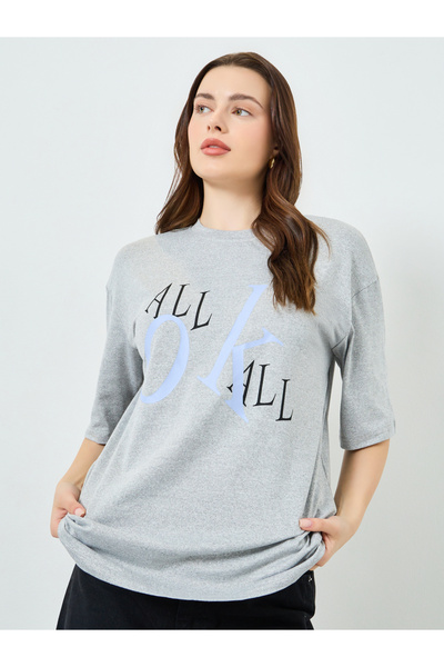 Styli Grey Slogan Print Oversized T-Shirt