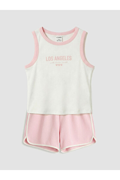 LC Waikiki GiyÇık Store Ekru Los Angeles Baskılı Kız Çocuk Şortlu Pijama Takımı