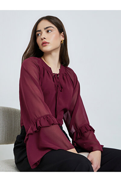 Styli بلوزة شيفون بورغندية بأكمام مكشكشة