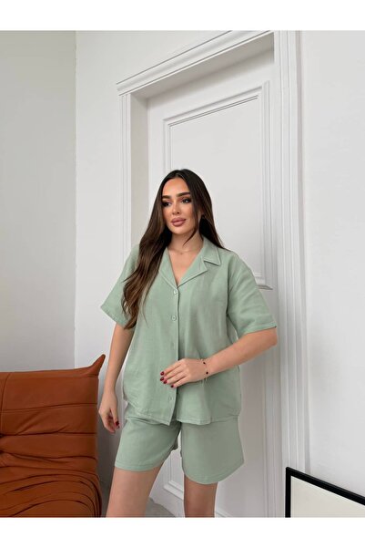 FREEWİSE %100 Saf Pamuk Kısa Kol Şortlu Müslin Kumaş Kadın Pijama Takımı